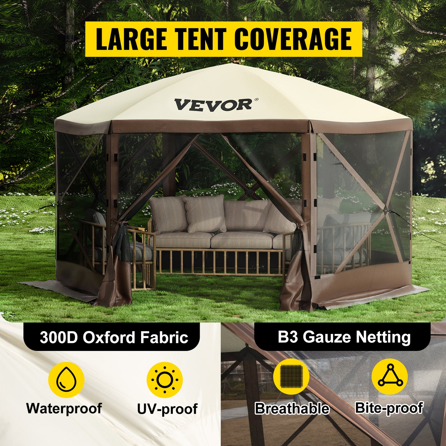 SucceBuy Pop Up Camping Gazebo 12x12 Six Sided Shelter