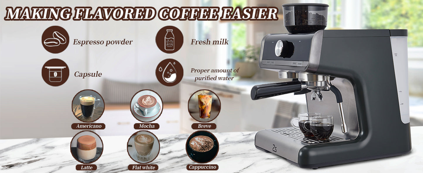 Acekool Espresso Machine Grinder Milk Frother 20 Bar