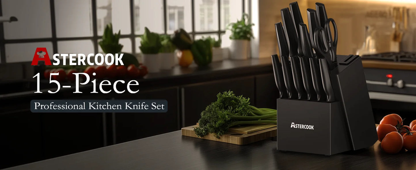 Astercook 15 Piece German Stainless Knife Set With Sharpener