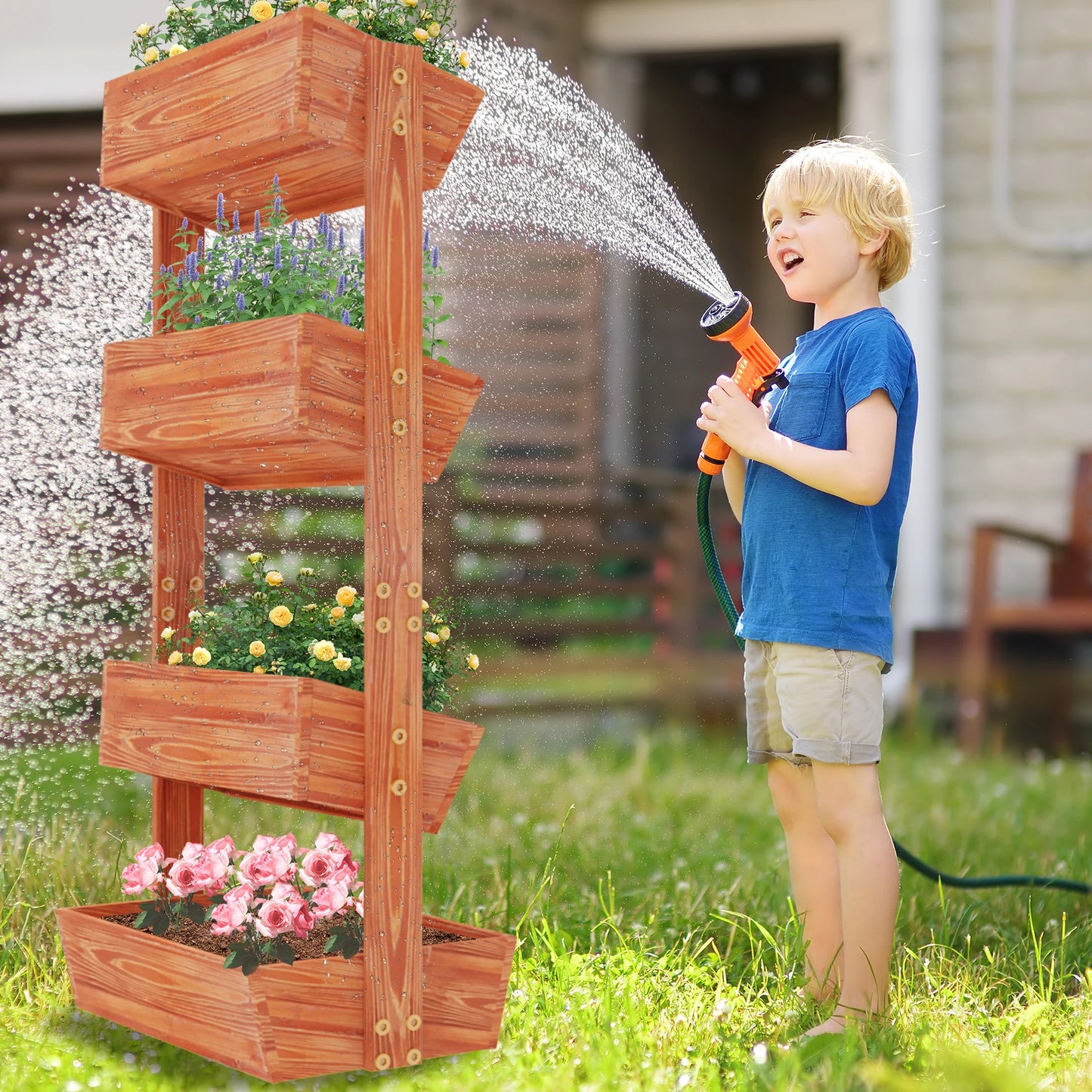 4-Tier Raised Garden Bed Vertical Flower Pots Rack with Detachable Ladder and Adjustable Shelf