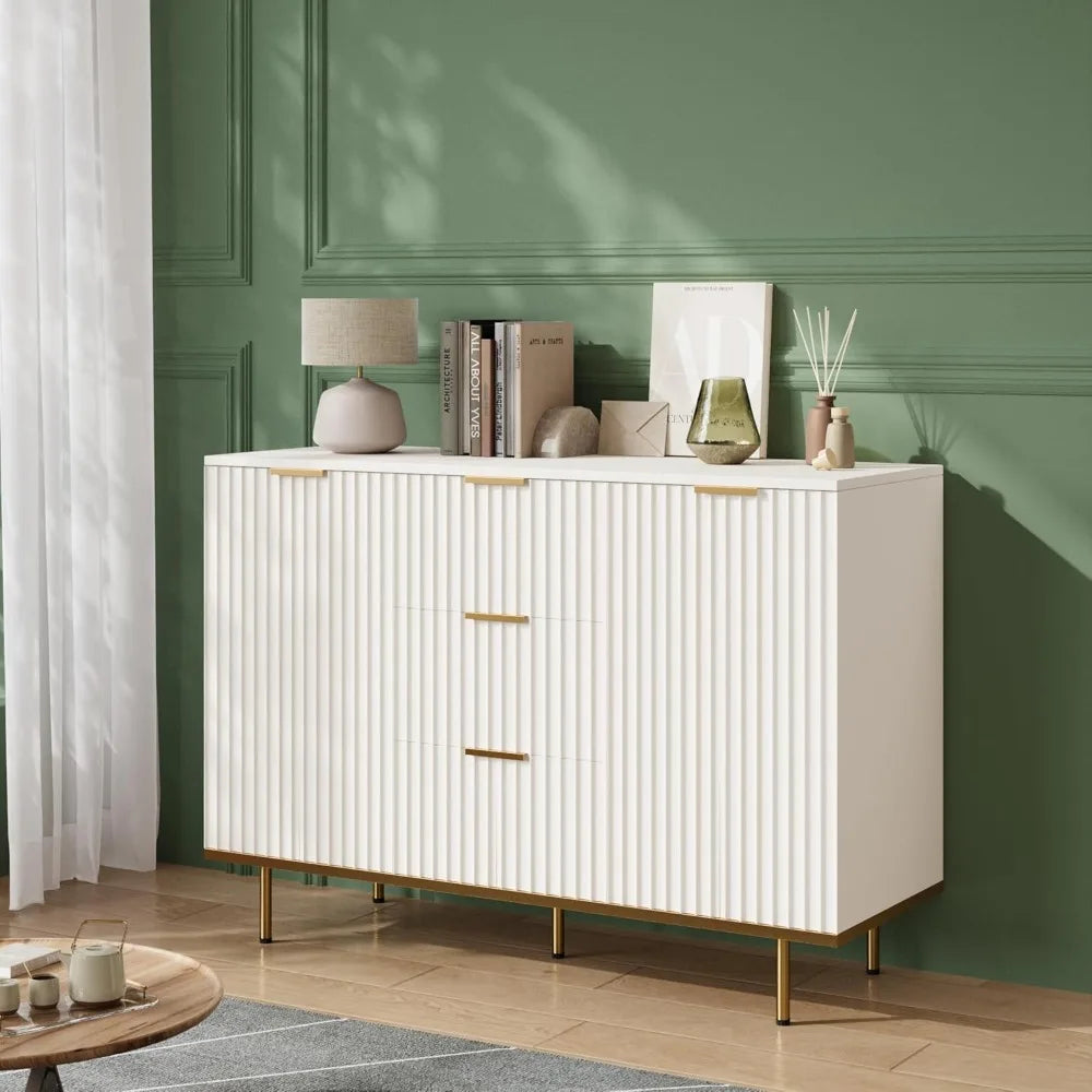 Fluted Sideboard Cabinet Elegant White Two Door 3 Drawers