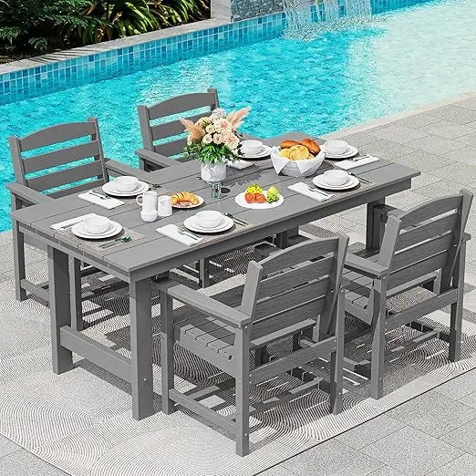 Patio Table Set, Outdoor HDPE Dining Furniture with Umbrella Hole, 5-Piece Dining Chair Set