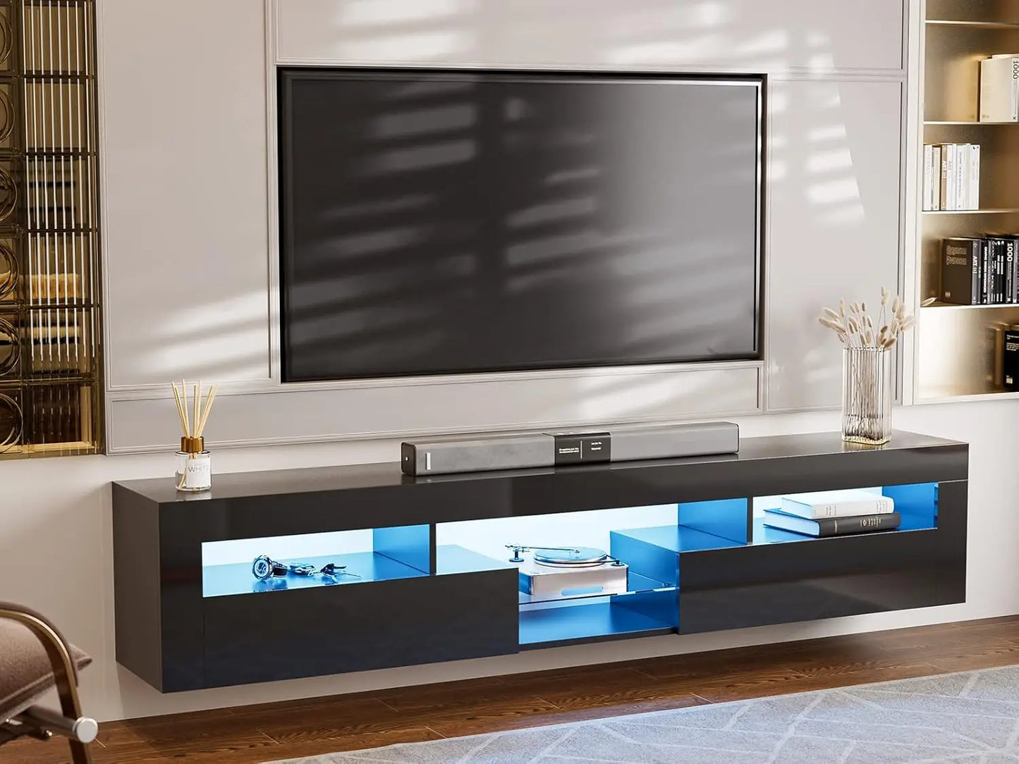 LED Floating TV Stand for 85 Inch TV with 2 Cabinets