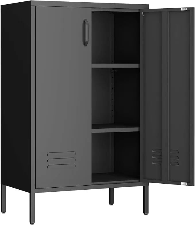 Metal Storage Cabinet Two Door Locker With Shelves Black