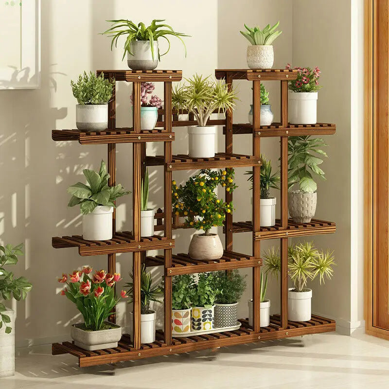 Large 11 Tiered Wood Plant Stand Carbonized For Outdoor