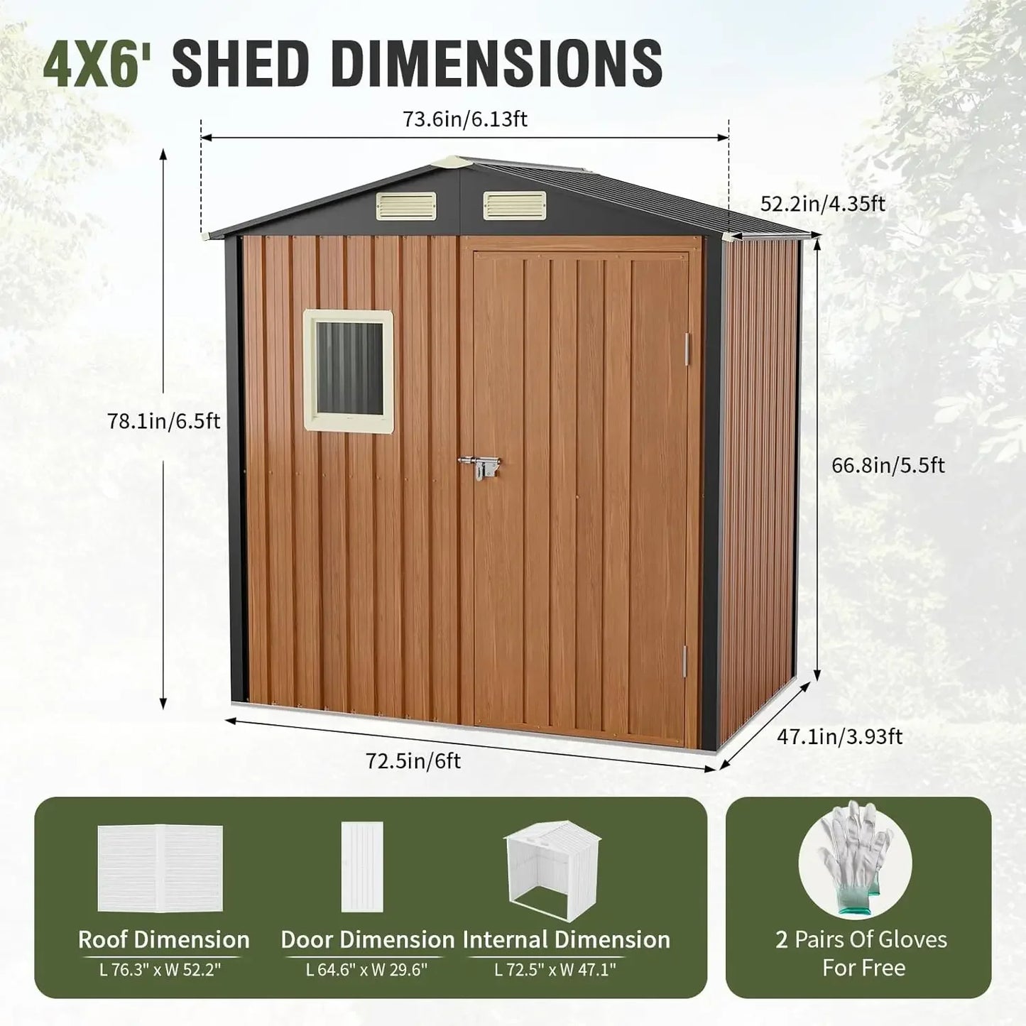 6x4 Ft Lockable Metal Garden Shed with Window Storage