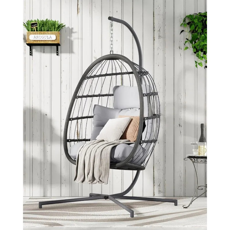 Hanging Egg Chair With Stand Grey Cushioned Patio Wicker