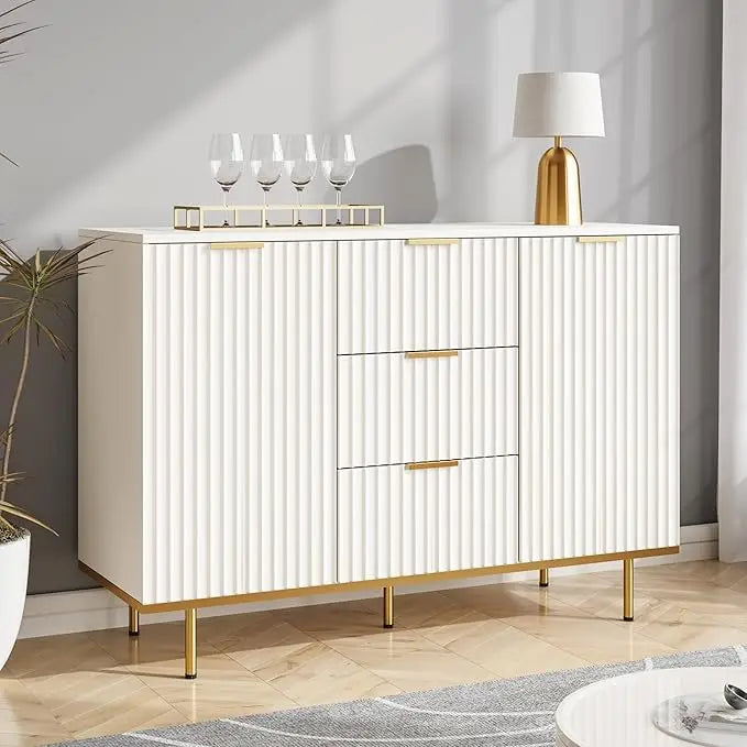 Fluted Sideboard Cabinet Elegant White Two Door 3 Drawers