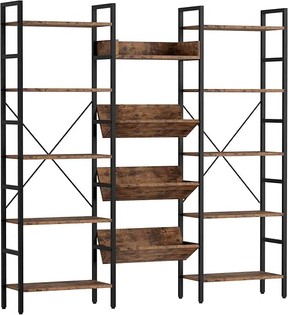 Triple-Wide Industrial Style 5-Shelf Bookcase for Large Display and Storage