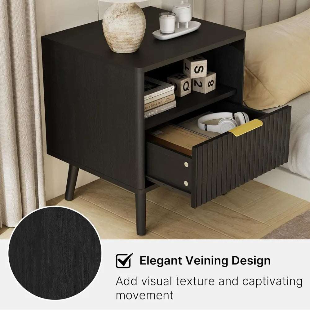 Modern Fluted Nightstand With Drawer And Open Shelves