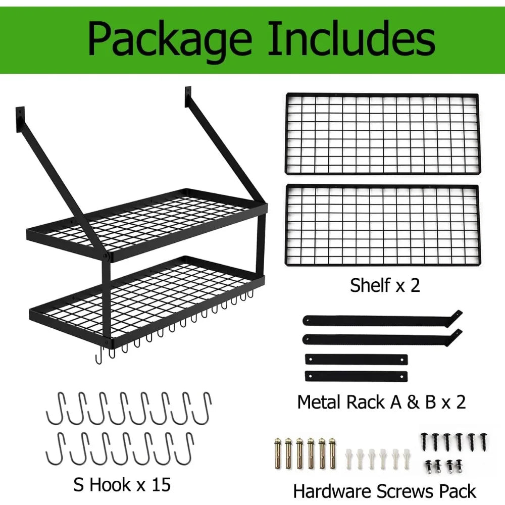 Square Grid Wall Mount Pot Rack with 2-Tier 15 Hooks