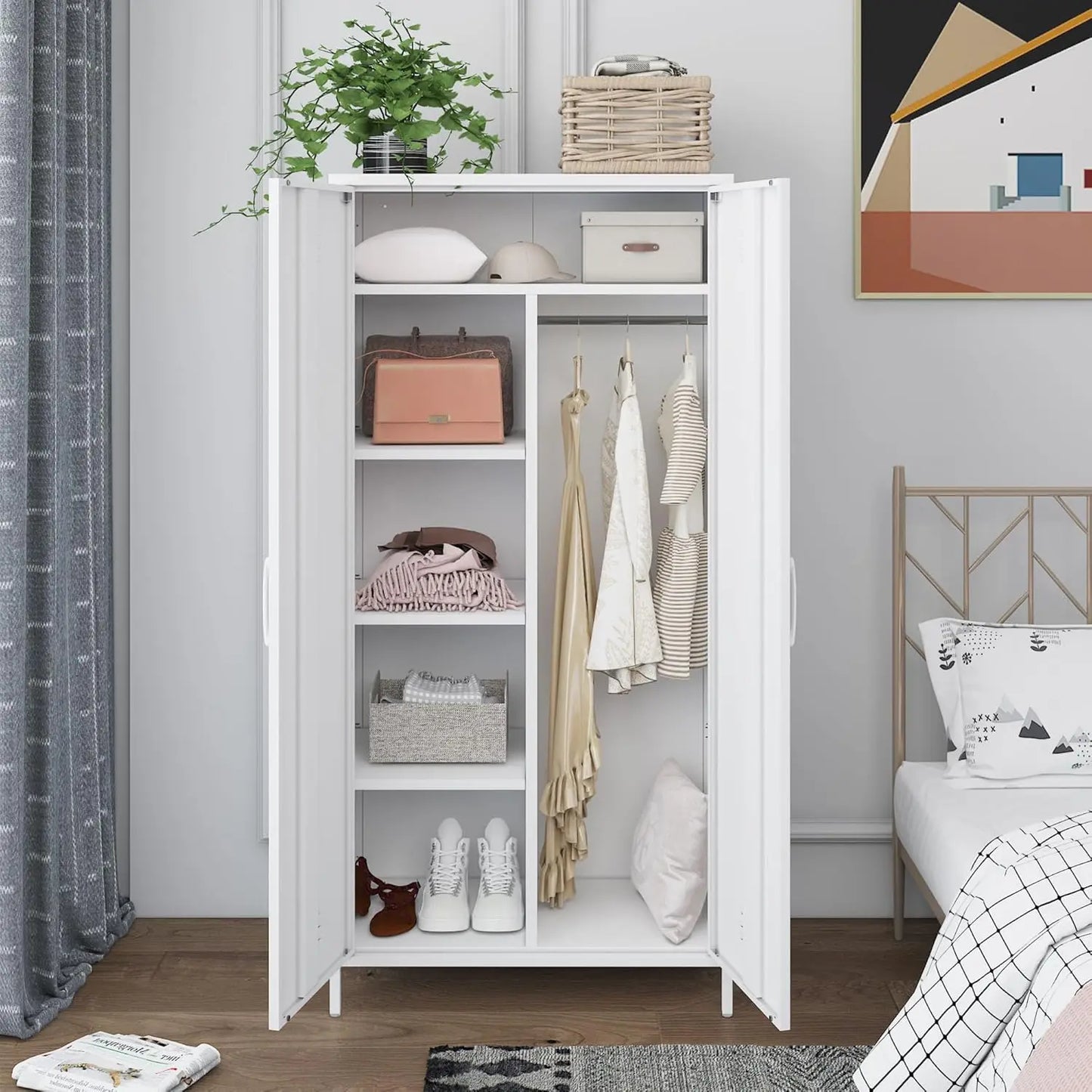 White Metal Armoire Wardrobe Cabinet 2 Doors 4 Shelves