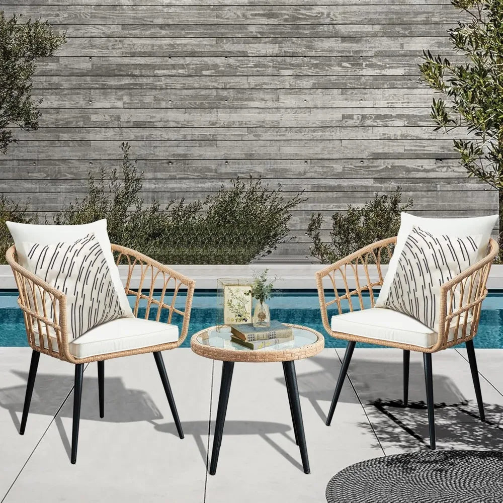 3 Piece Patio Bistro Set, Outdoor Wicker Balcony Rattan. Compact & Versatile; Comfortable Seating; Elegant Coffee Table; Multi-Functional Ottomans.