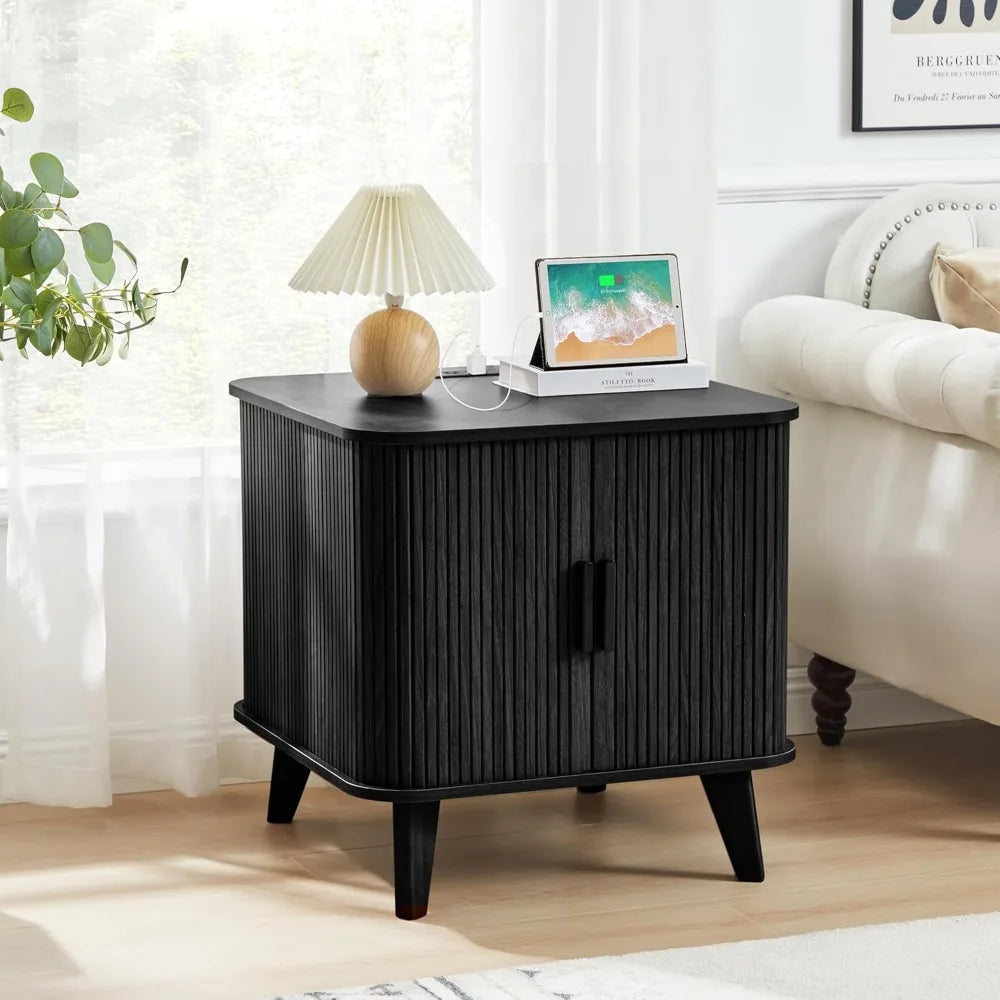 Farmhouse End Table Charging Station Fluted Sliding Door