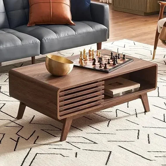 Mid Century Modern Coffee Table with Storage Fluted Design