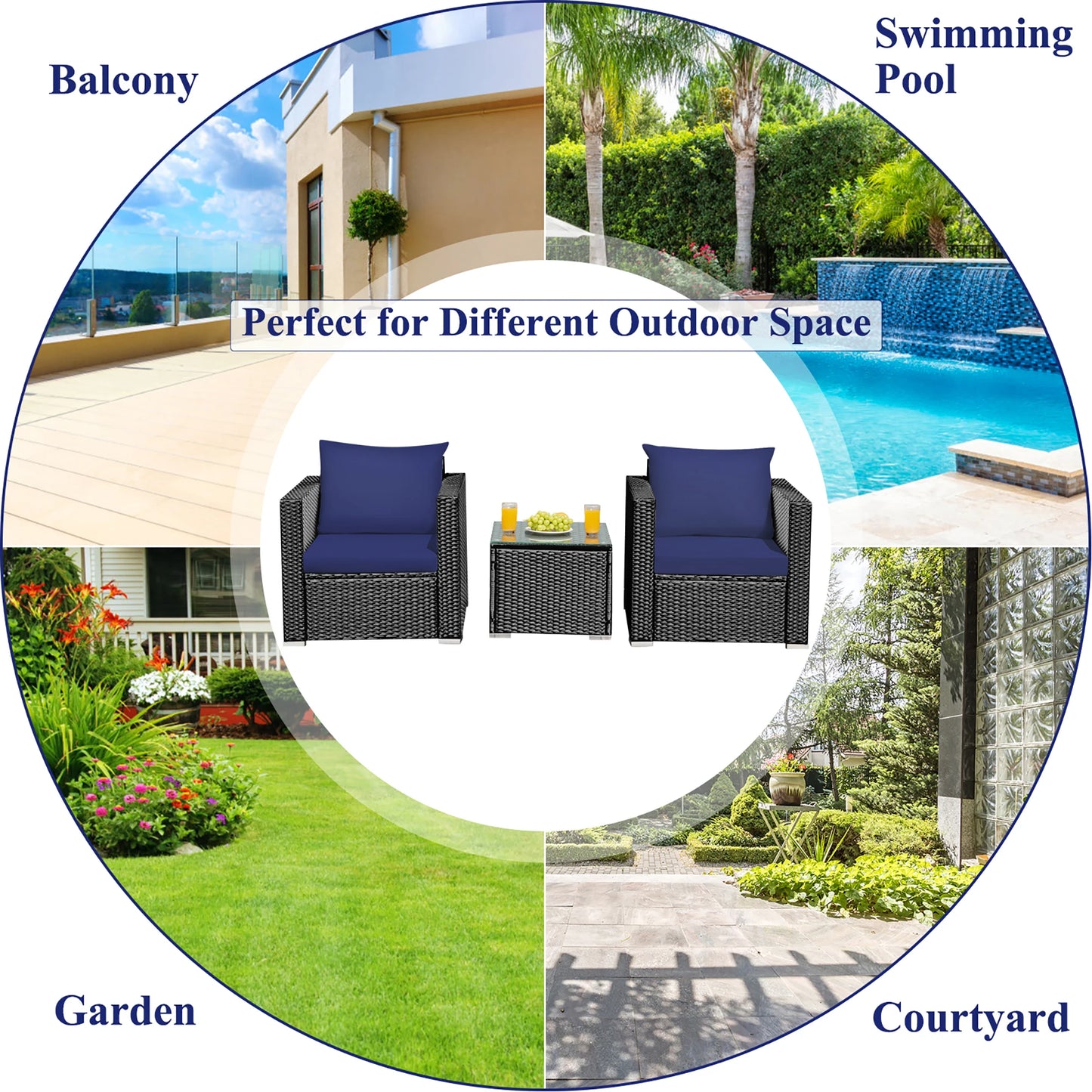 3PCS Patio Rattan Wicker Furniture Set Sofa Table W Cushion Navy