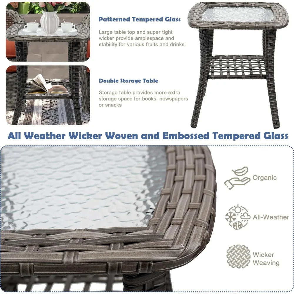 3-Piece Swivel Rocker Wicker Chair Set of 2 for Outdoor Use