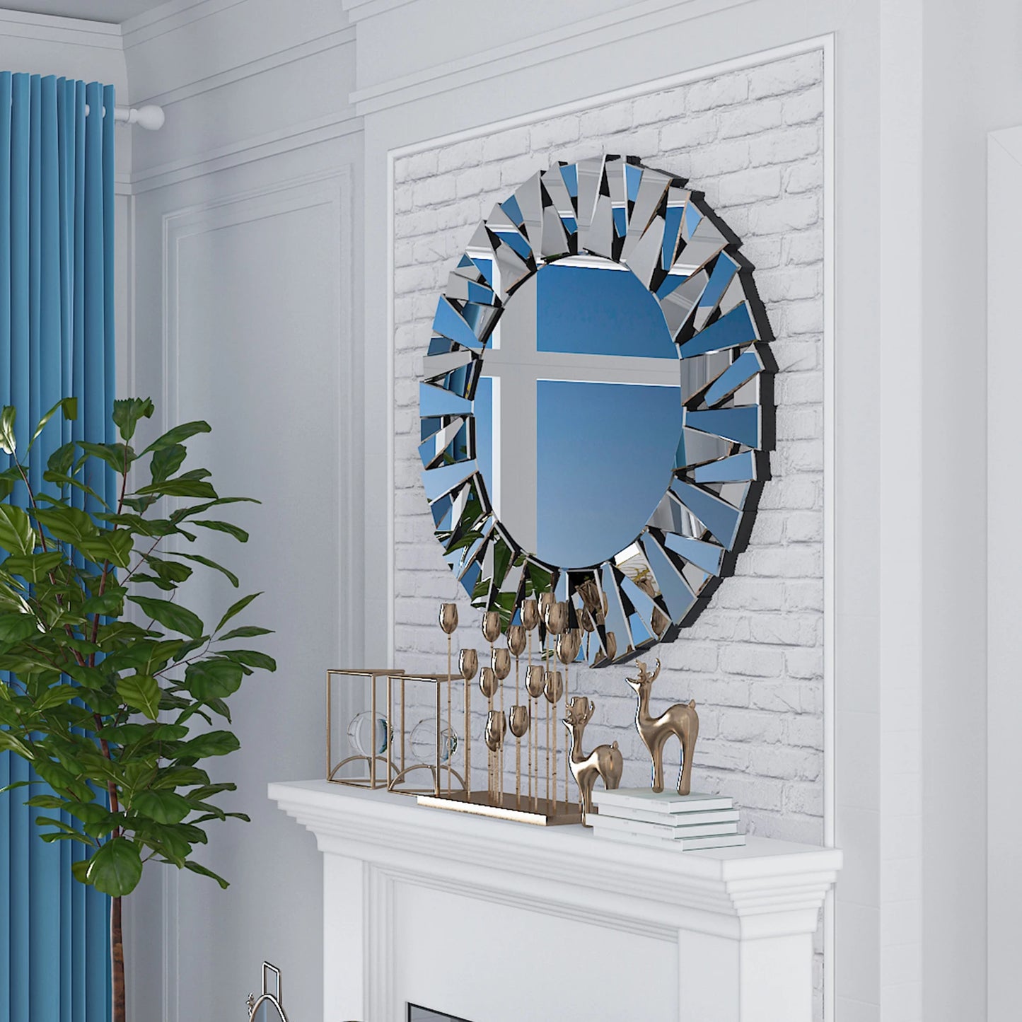 32 Inch Round Sunburst Wall Mirror Modern Silver Beveled