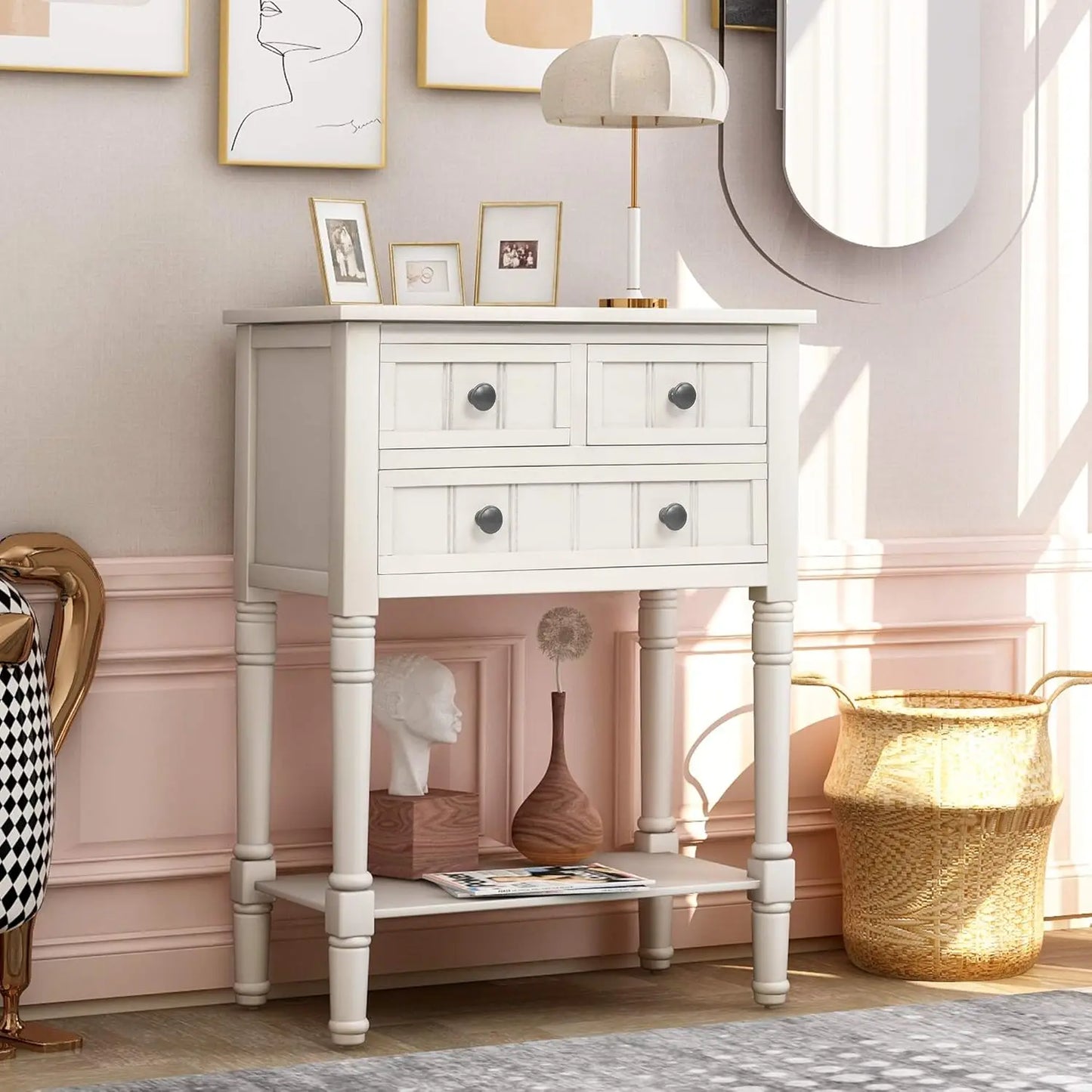 Slim Antique Entry Console Table with Drawers and Shelf