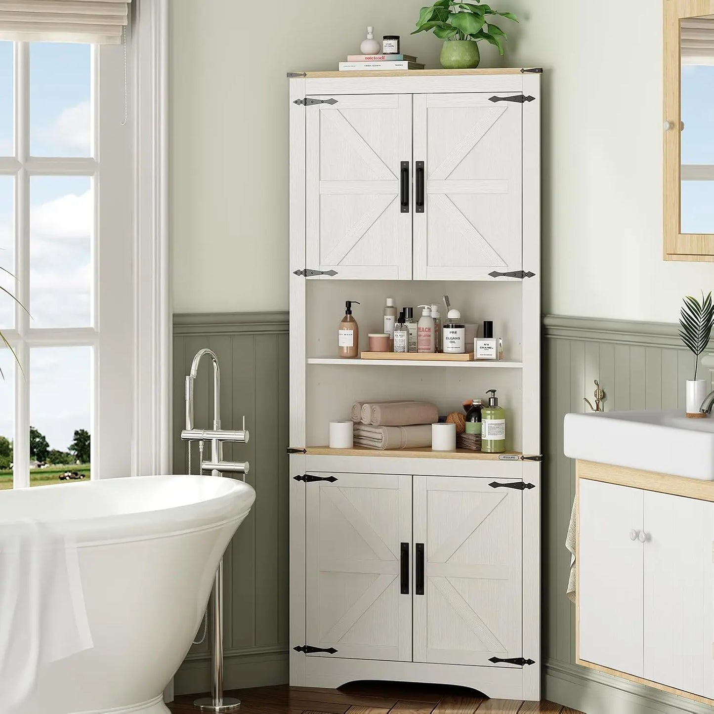 Redlife Farmhouse Corner Cabinet With Barn Door And Shelves