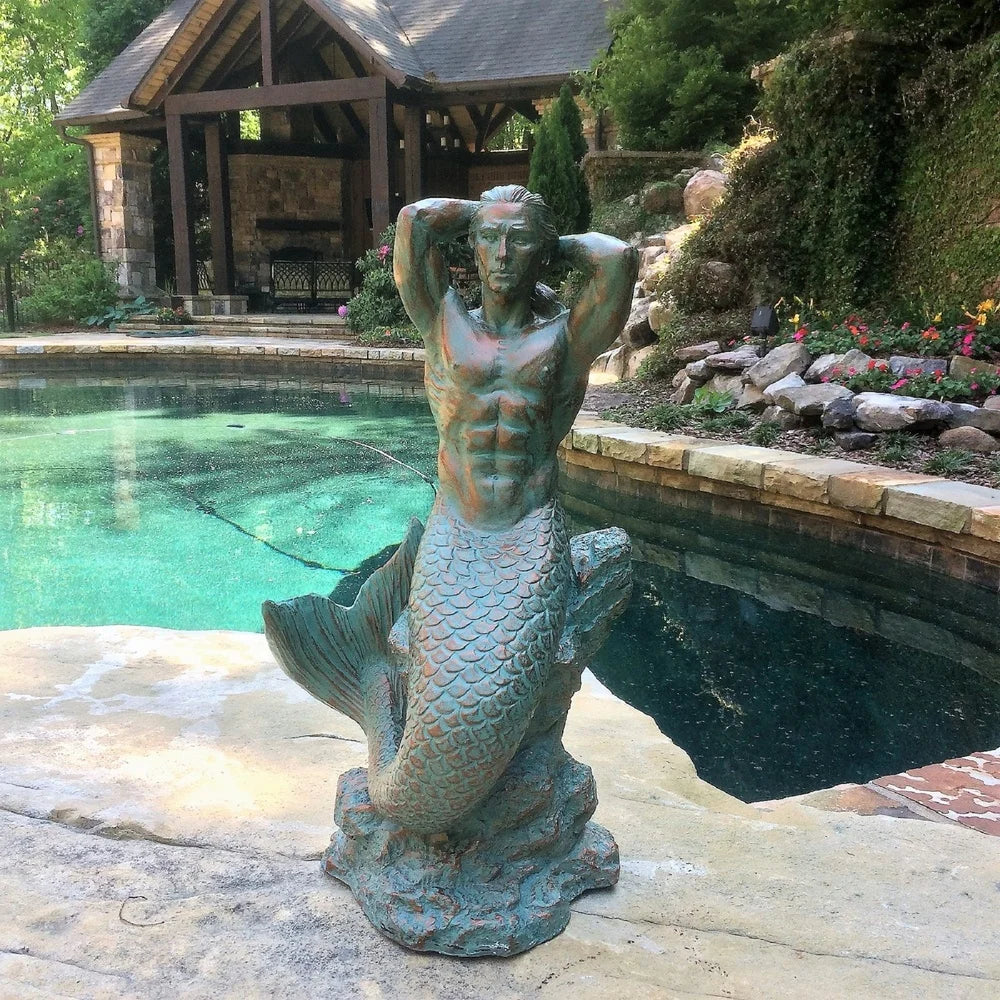 Bronze Patina Merman Mermaid Garden Statue for Outdoor Use