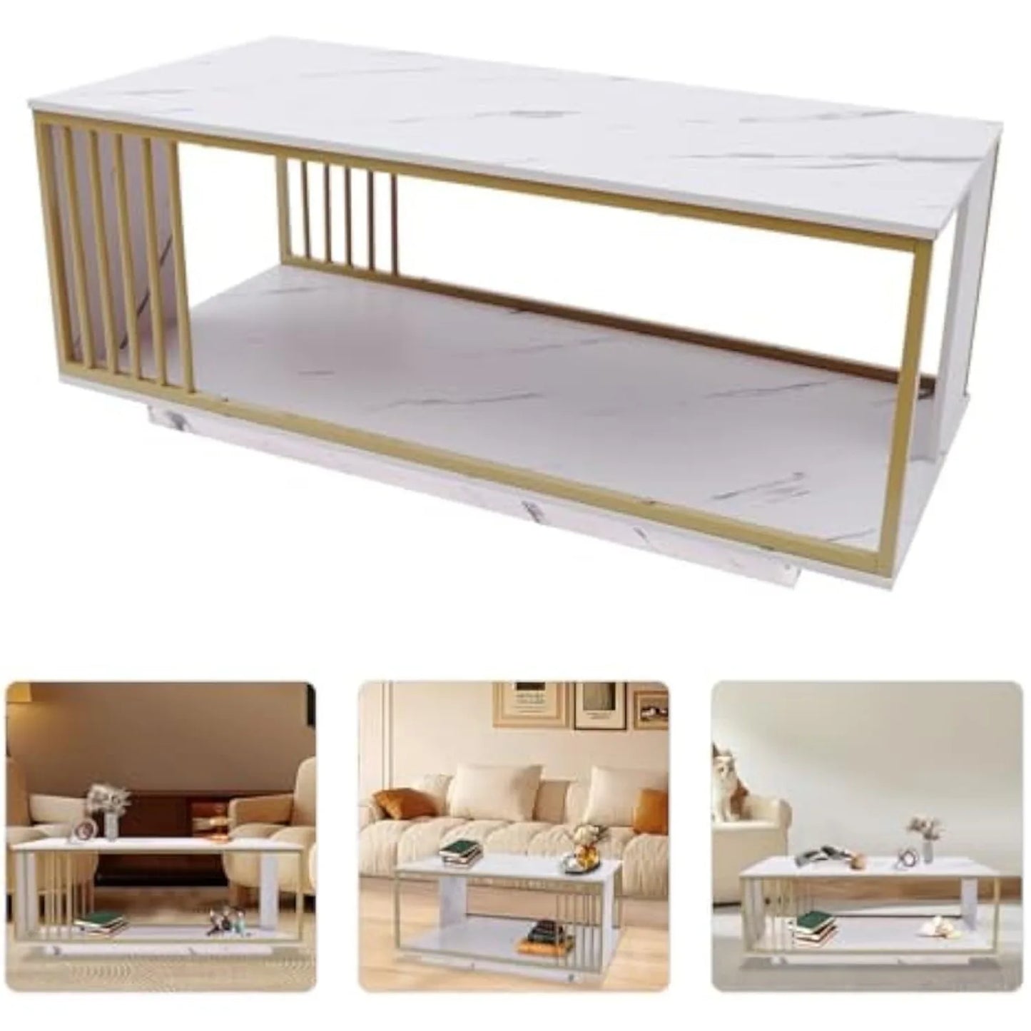 Modern White Marble Veneer Coffee Table With Gold Frame