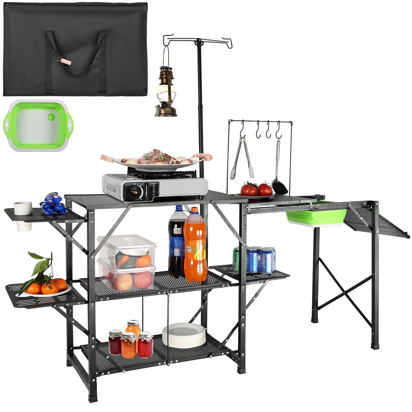 SucceBuy Camping Kitchen Table with Sink Aluminum Folding Portable Outdoor Cook Station, for Picnic BBQ Beach Traveling