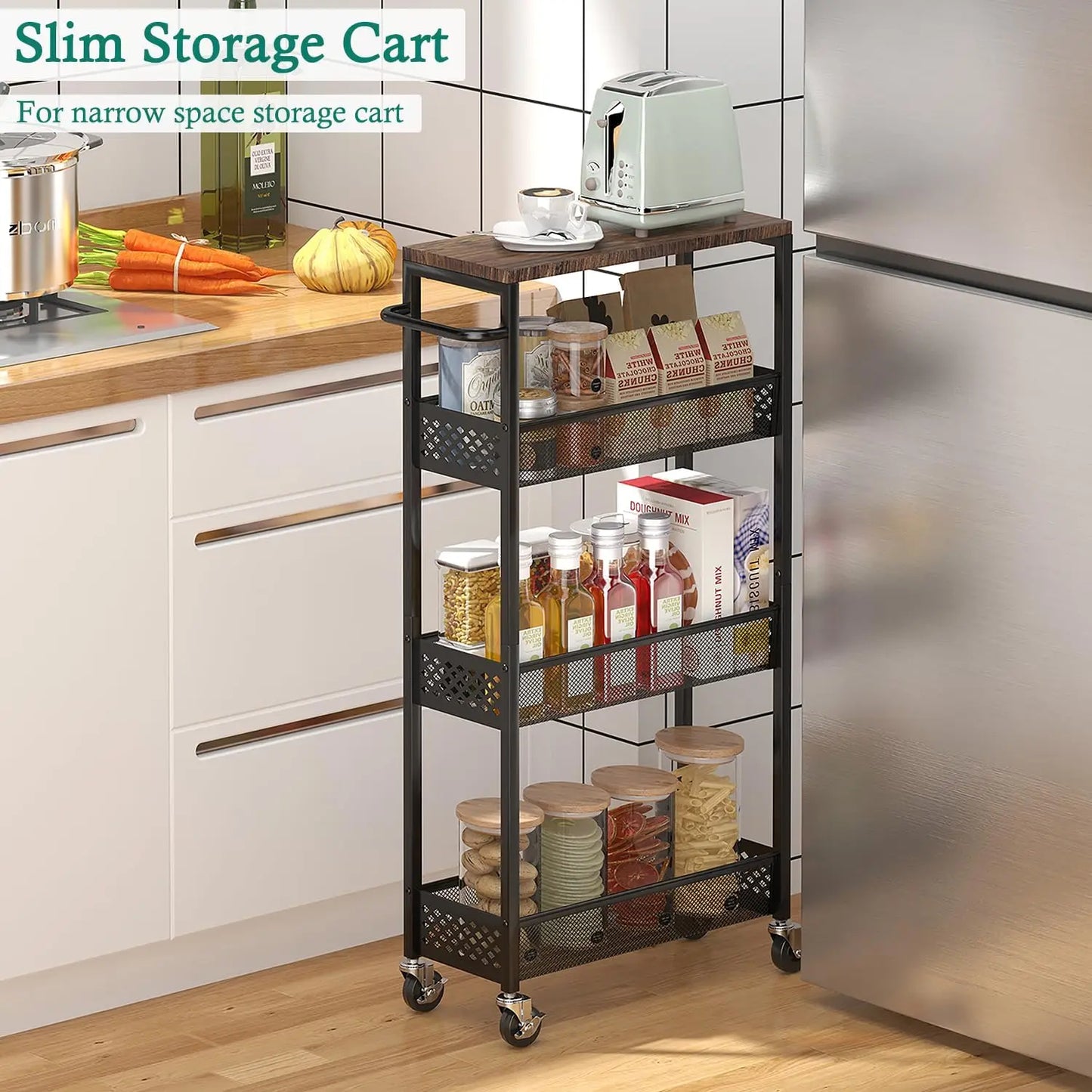 Slim Storage Cart 4Tier Narrow Kitchen Rolling Cart on Wheels