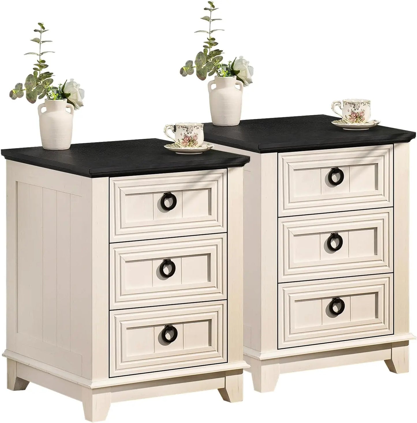 Farmhouse Night Stand with Charging Station, 2 Drawers Nightstand