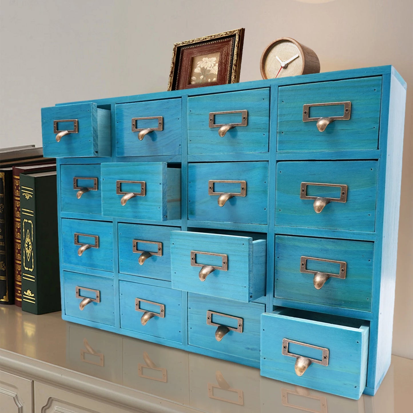16 Drawers Apothecary Cabinet Chests Herb Storage Box Wooden Desk Organizer for Home Living Room Dresser Kitchen Office