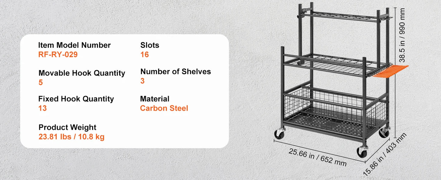 SucceBuy 16 Slots Garden Tool Organizer Yard Tool Tower Rack with Hooks Wheels Long-Handled Rake Stand Holder for Garage Storage