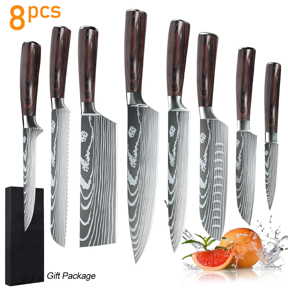8 10pcs Gift Japanese Kitchen Knives Set Laser Damascus Pattern Chef Knife High Carbon Stainless Steel Sharp Fruit Slicing Knife