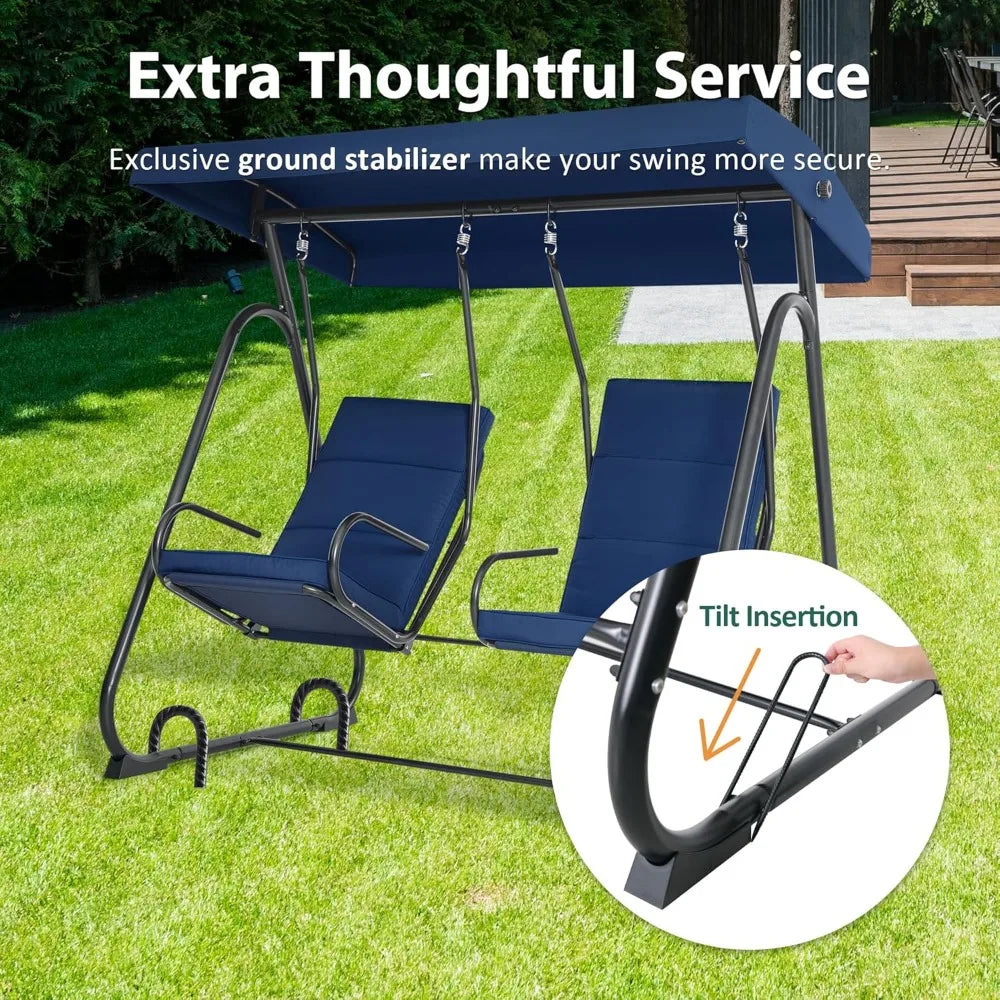 Two Person Porch Swing Chair High Back Dark Blue Garden