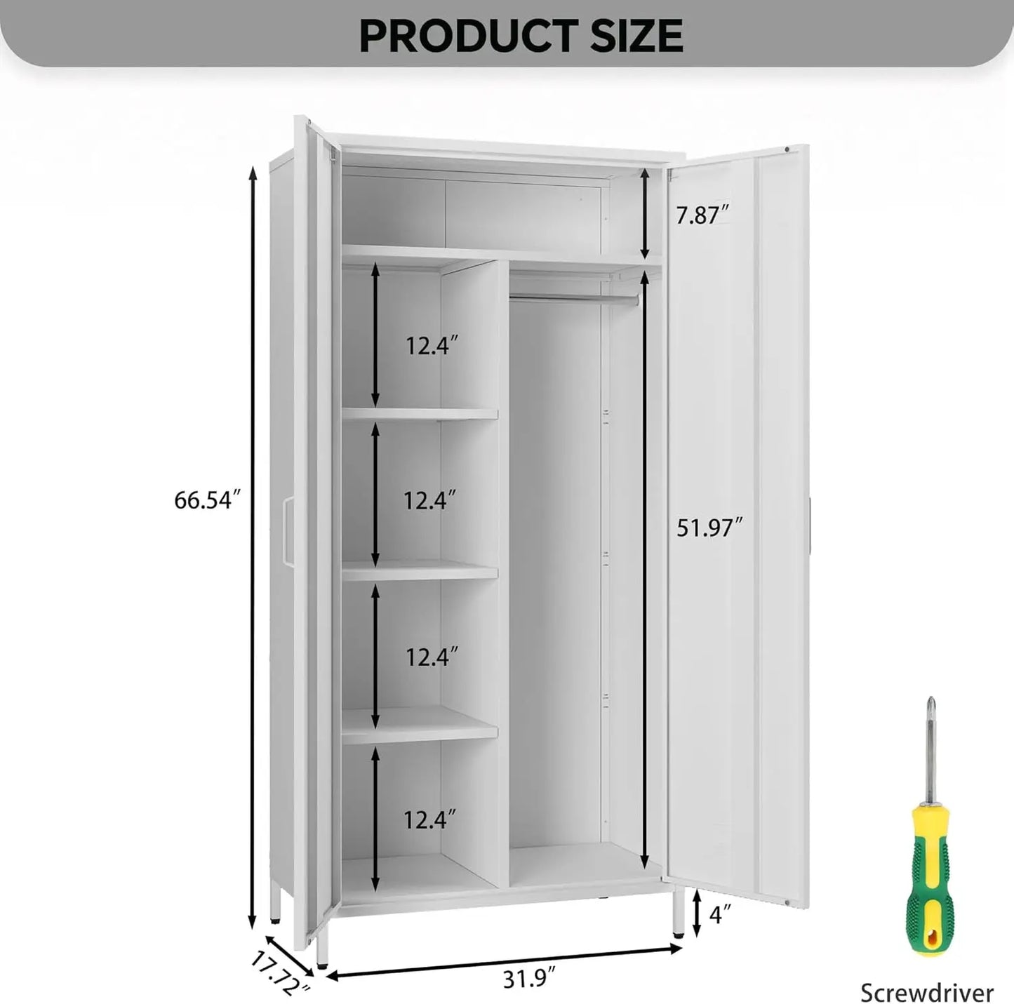 White Metal Armoire Wardrobe Cabinet 2 Doors 4 Shelves