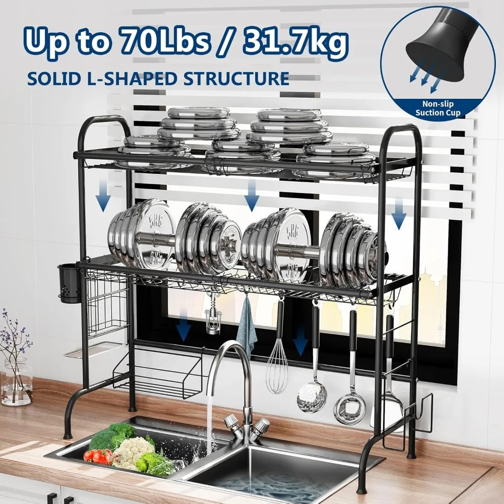 Stainless Steel 2 Tier Over The Sink Dish Drainer Drying Rack with Utensil Holder Large Dish Organizer for Kitchen Counter