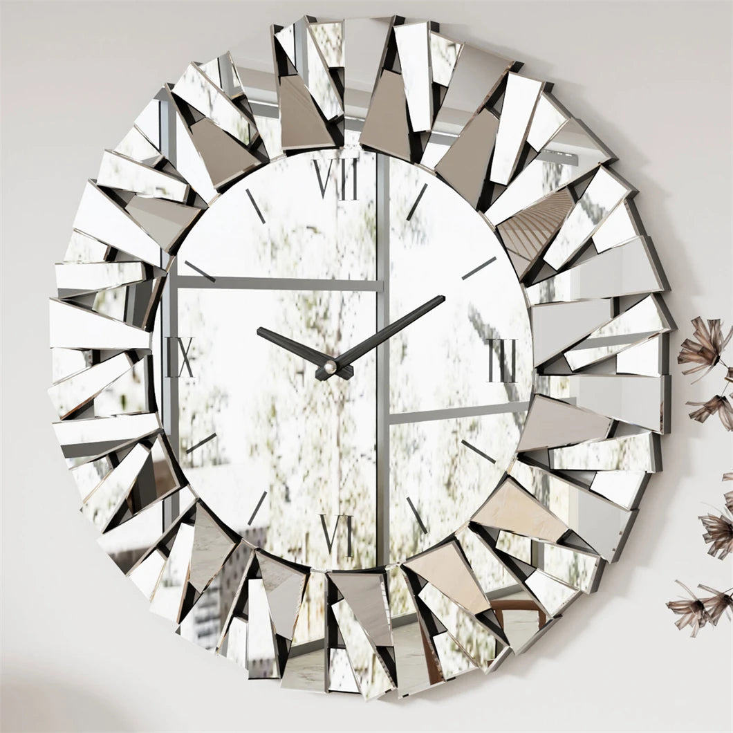 Large 3D Mirrored Wall Clock Sunburst 32 Inch Roman Numeral
