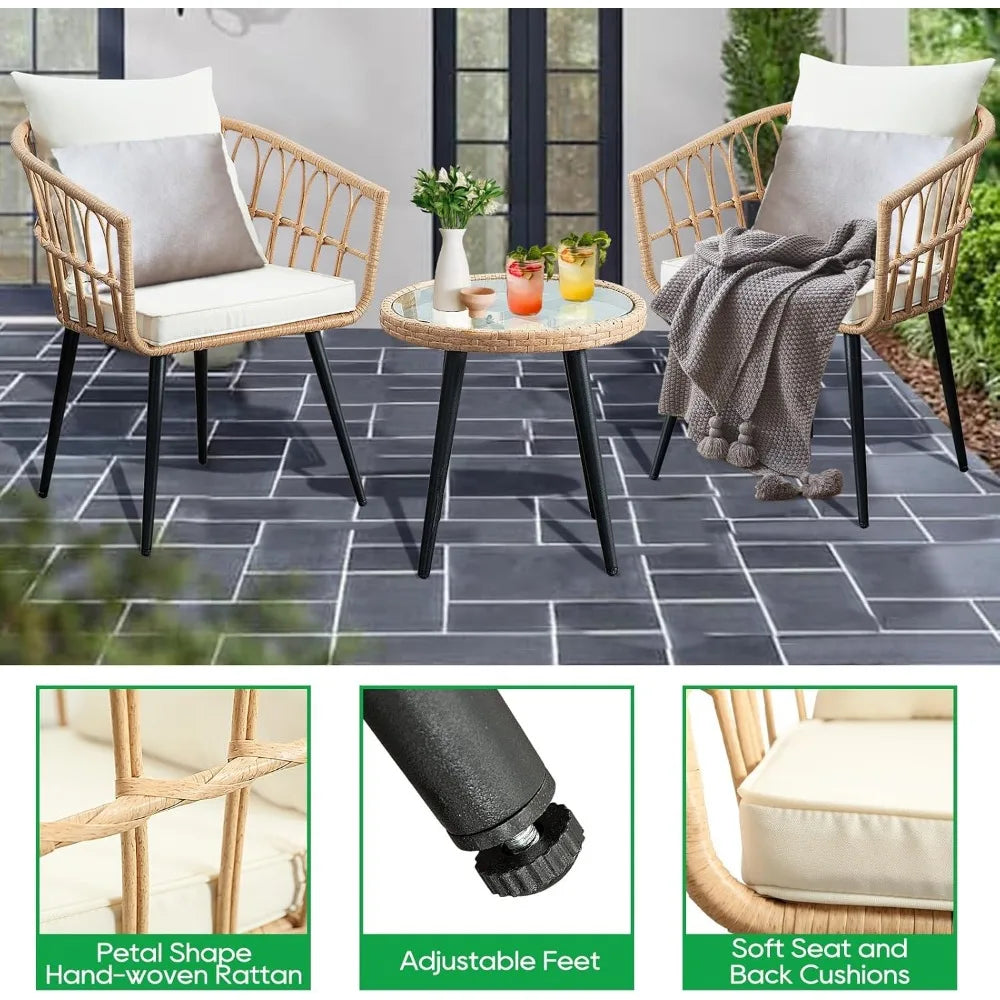 3 Piece Patio Bistro Set, Outdoor Wicker Balcony Rattan. Compact & Versatile; Comfortable Seating; Elegant Coffee Table; Multi-Functional Ottomans.