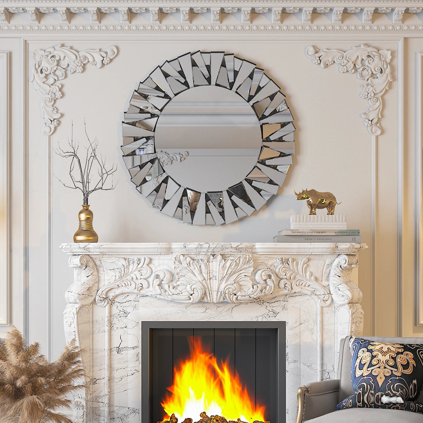 32 Inch Round Sunburst Wall Mirror Modern Silver Beveled