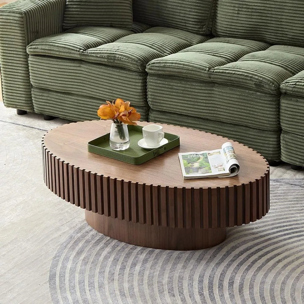 Oval Drum Coffee Table Handcrafted Wooden Olive-Shaped Walnut