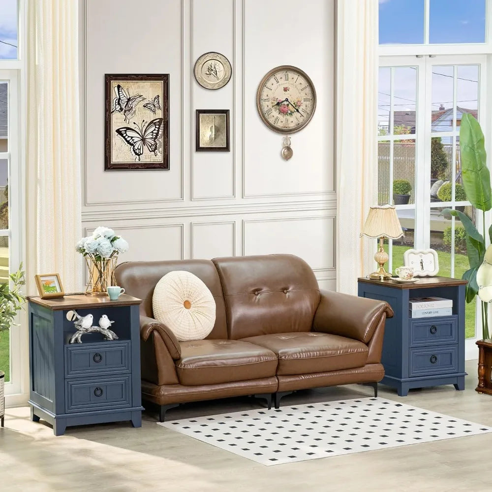 Farmhouse Night Stand with Charging Station, 2 Drawers Nightstand
