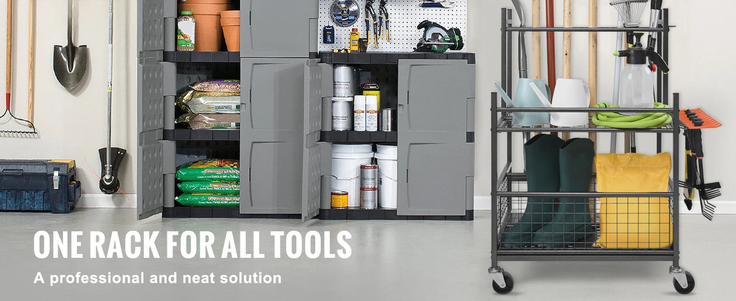 SucceBuy 16 Slots Garden Tool Organizer Yard Tool Tower Rack with Hooks Wheels Long-Handled Rake Stand Holder for Garage Storage