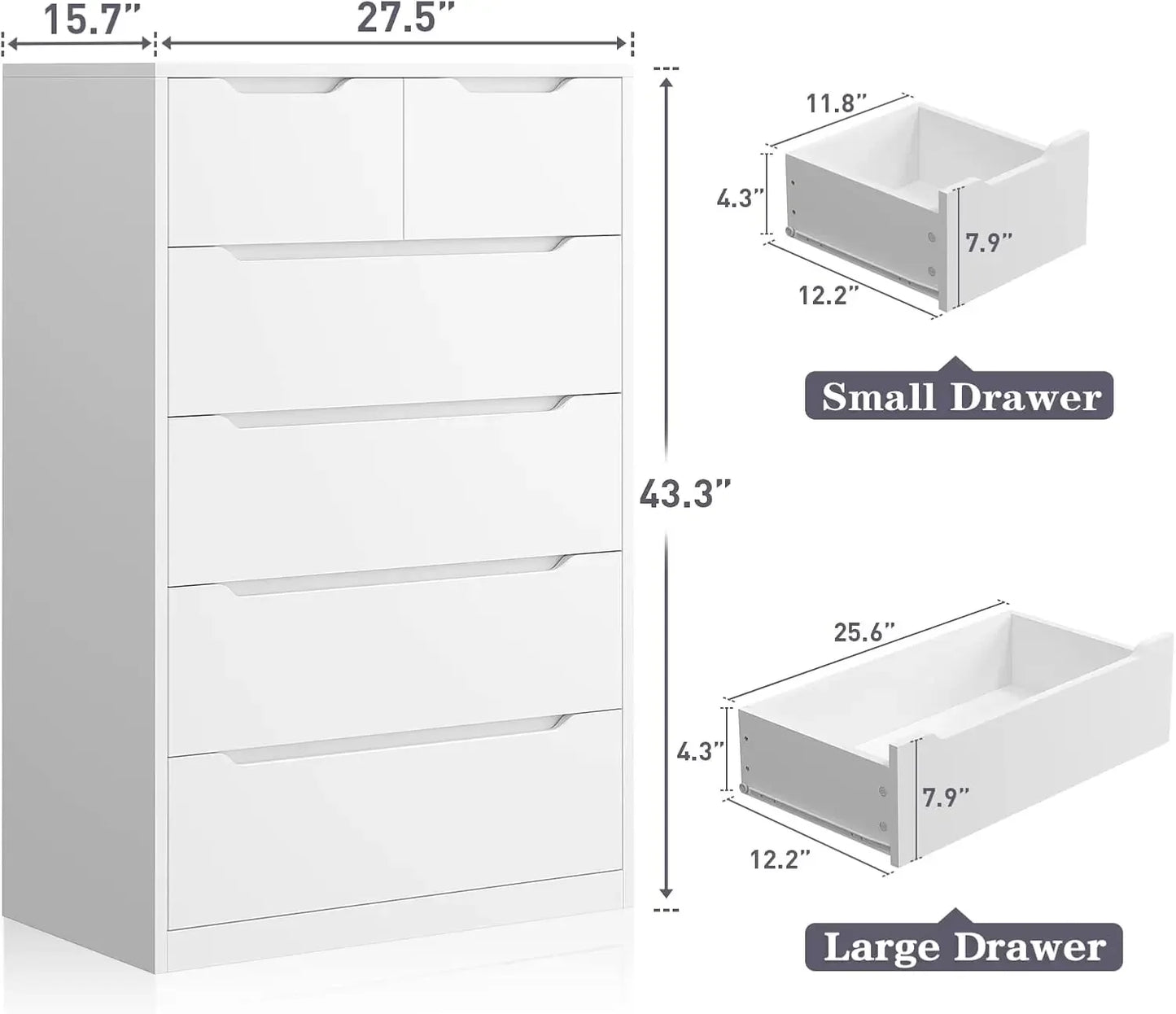 Dresser for Bedroom, White Dresser with 6 Large Drawers