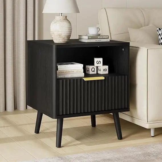 Modern Fluted Nightstand With Drawer And Open Shelves