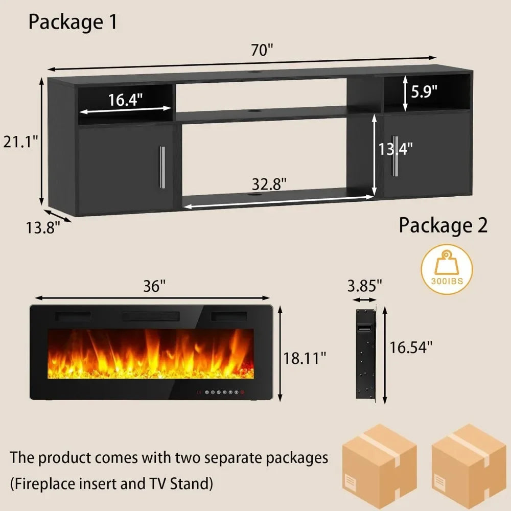 70" Floating TV Stand with 36" Electric Fireplace and LED Lights