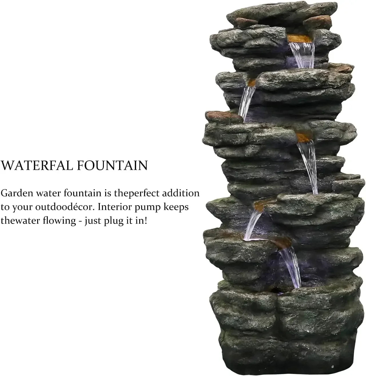 40 Inch 6 Tier Cascading Rock Outdoor Water Fountain Led