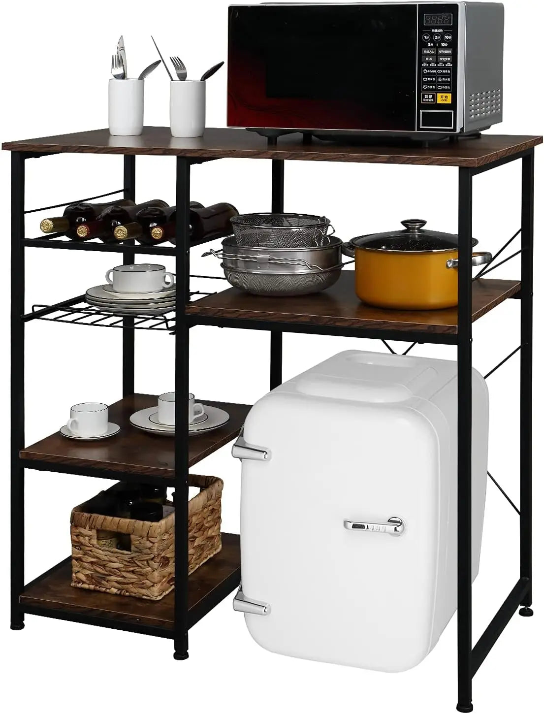 Kitchen Bakers Rack With Mini Fridge Space And Wine Rack