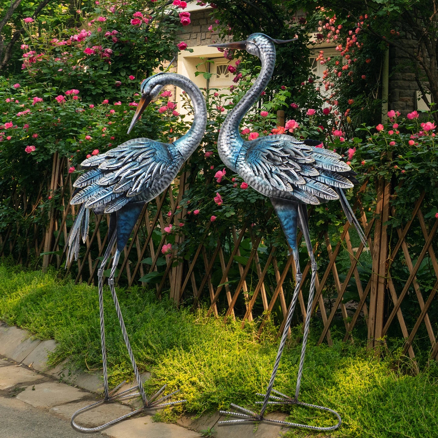 Blue Heron Rustic Metal Garden Crane Statues for Outdoor Decor