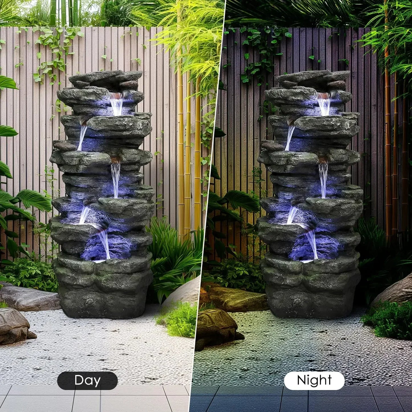 40 Inch 6 Tier Cascading Rock Outdoor Water Fountain Led