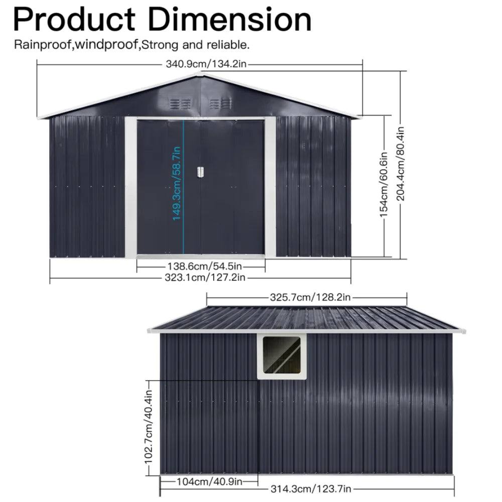 Metal 11.2ftx10.6ft Garden Sheds Grey Outdoor Storage
