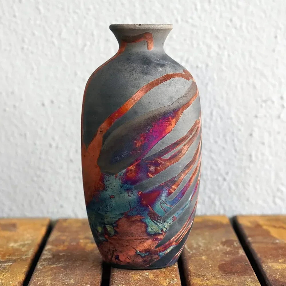 7 Inch Raku Ceramic Pottery Vase Carbon Half Copper Matte